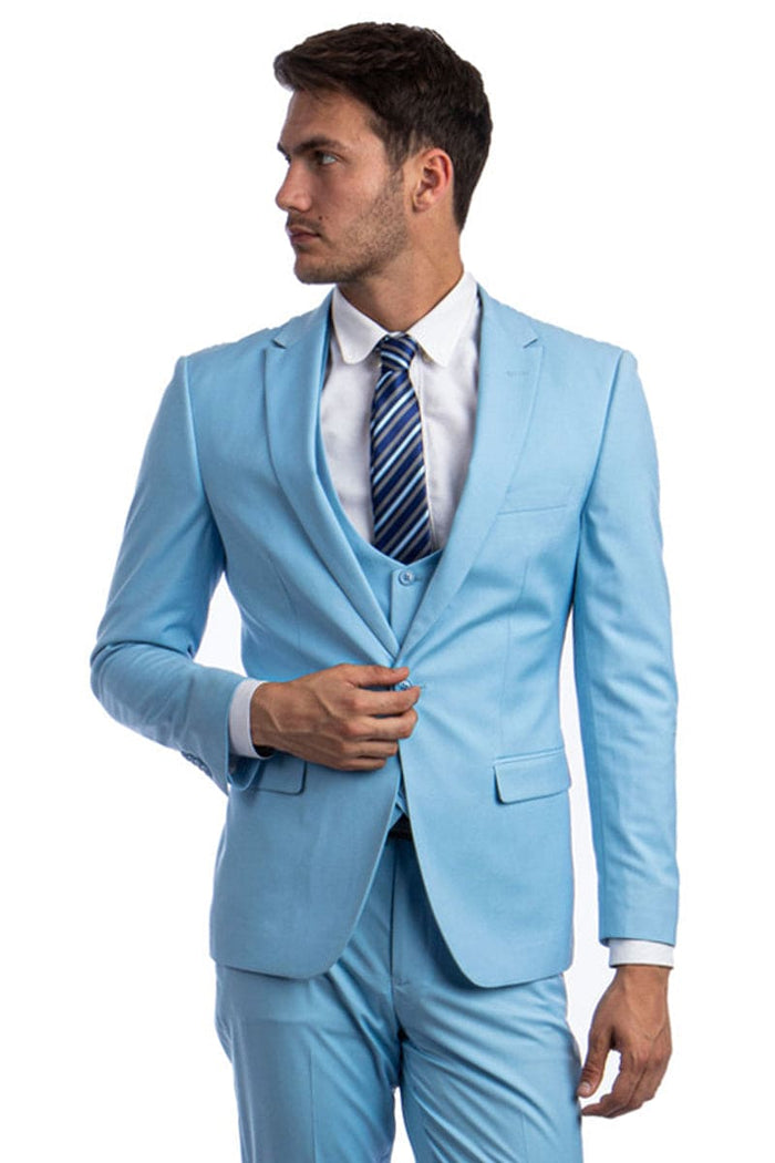 "Sky Blue Men's Skinny Wedding & Prom 2026 Suit - One Button Peak Lapel with Lowcut Vest"
