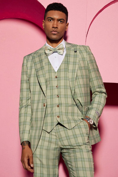 "Mens Stacy Adams Suit - Stacy Adams Men's Plaid Suit with Paisley Vest & Bow Tie - Sage Green"