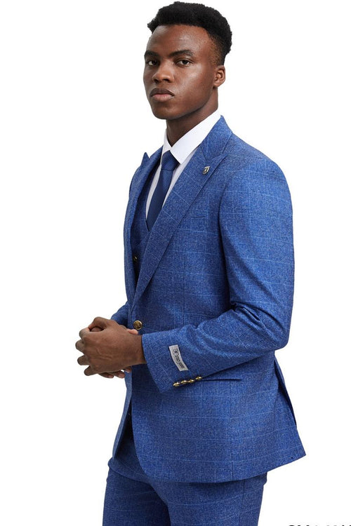 Men's Stacy Adams suit: blue windowpane plaid, lightweight fabric. Double-breasted vest, tailored silhouette. Blazer: gold buttons, notch collar, contrasting cuffs. Vibrant blue with subtle check.
