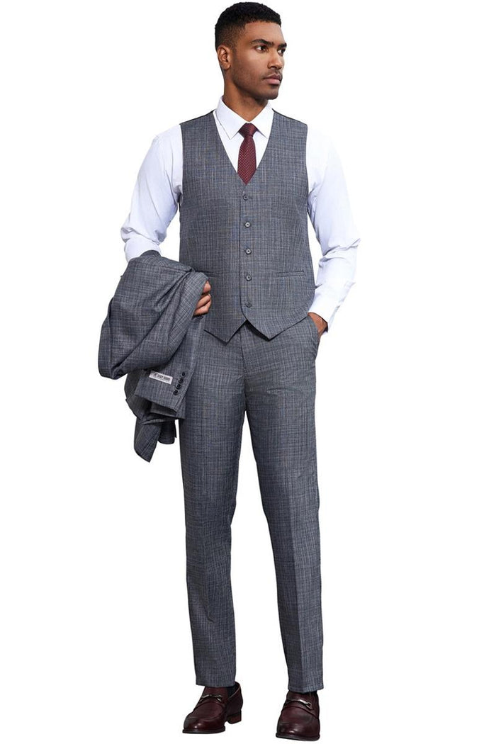 Stacy Adams men's grey sharkskin suit. Three-piece: jacket, vest, trousers. Subtle grey weave pattern. Straight-fit pants, streamlined vest with button closure.
