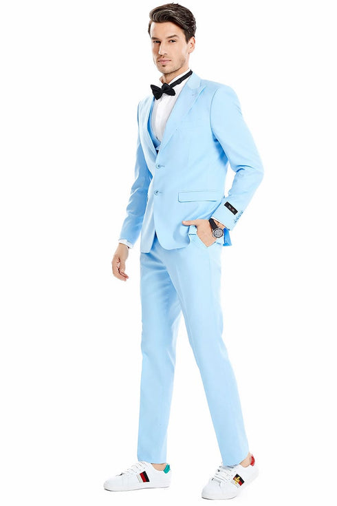 "Sky Blue Men's Wedding & Prom 2025 Suit - Two Button Vested Peak Lapel"