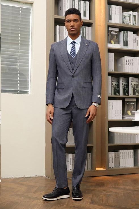 "Mens Stacy Adams Suit - Stacy Adams Suit Men's Grey & Blue Windowpane Plaid Suit - One Button Vested Peak Lapel"