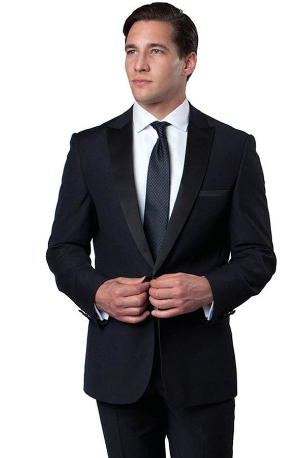 "Navy Blue Men's Slim Fit Wedding Tuxedo with One Button Peak Lapel"