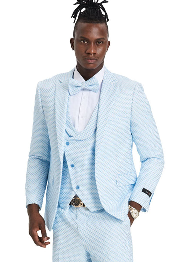 "Men's Sky Blue Polka Dot Prom 2025 & Wedding Suit - One Button Double Breasted Vest"