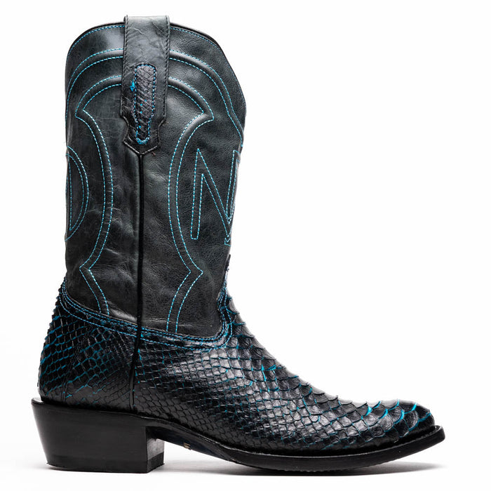 Marco Di Milano Kansas cowboy boots: Black leather upper with blue stitching, black python lower. Round toe, raised heel, pull tab. Stylish and textured.

