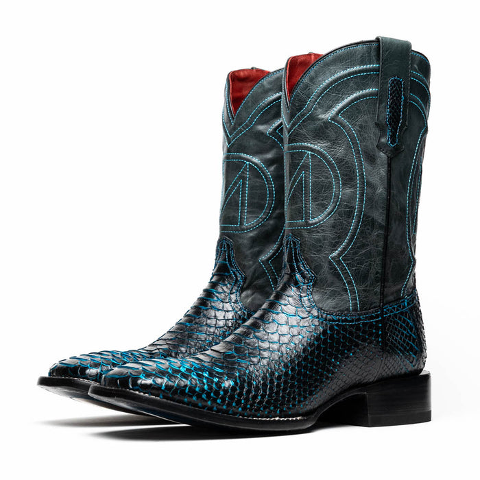 Marco Di Milano Kansas cowboy boots: Round toe, black & blue python leather. Light blue stitched upper with stylized pattern. Tapered heel, shiny finish. Red leather lining.

