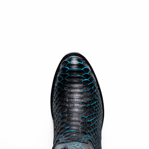 Marco Di Milano Kansas cowboy boots. Black python upper with blue stitching. Round toe. Distinctive texture.
