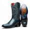 Marco Di Milano Kansas cowboy boots. Black & blue python skin with blue stitching. High shaft, round toe, slight heel, & red lining. Branded sole for a sleek look.
