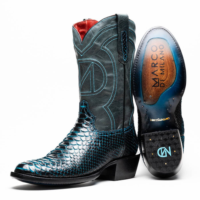 Marco Di Milano Kansas cowboy boots. Black & blue python skin with blue stitching. High shaft, round toe, slight heel, & red lining. Branded sole for a sleek look.
