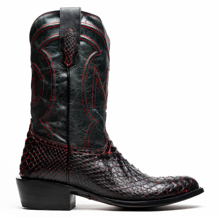 Marco Di Milano Kansas cowboy boots. Black cherry python upper with black leather accents. Round toe, decorative red stitching, and pull tabs. Slightly raised heel.
