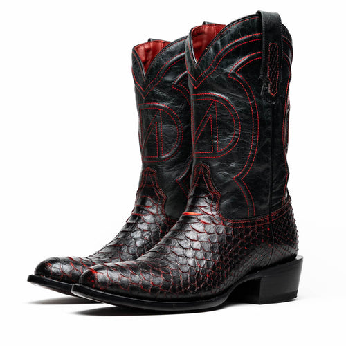 Marco Di Milano Kansas cowboy boots. Black & red python skin. Round toe, elevated heel. Glossy texture, decorative red stitching. Contrasting red interior, pull tabs.

