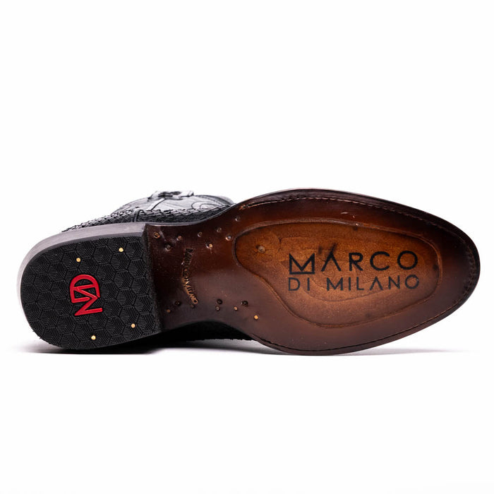 Black cherry python cowboy boots by Marco Di Milano. Round toe, textured python upper. Dark brown leather sole with honeycomb pattern and branding. Gently curved heel.
