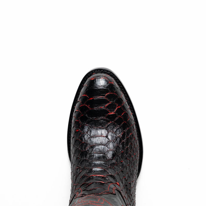 Marco Di Milano Kansas cowboy boots. Black cherry python skin, round toe, sleek profile. Exterior black with red stitching accents. Stylish and durable.
