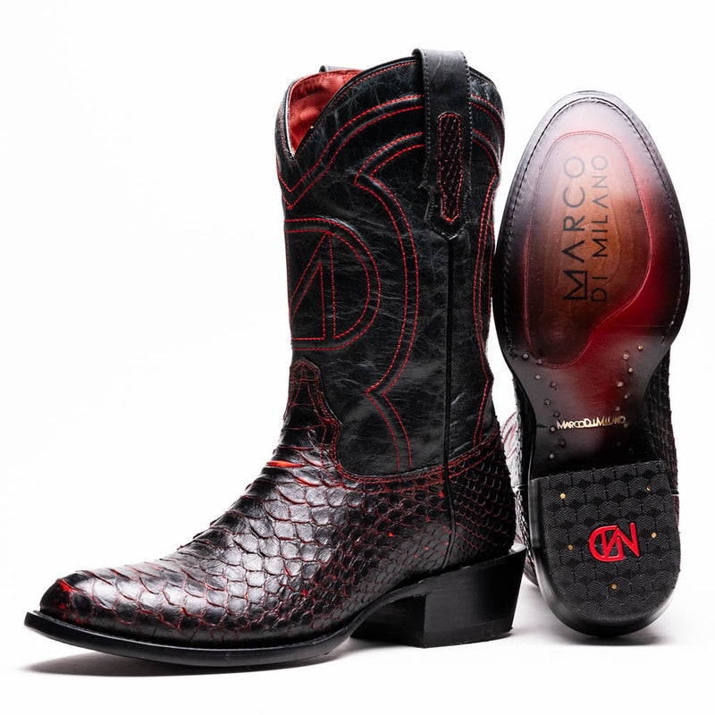Marco Di Milano Kansas boots: black and dark red python skin. Tall shaft with decorative stitching. Round toe. Smooth sole with visible branding.

