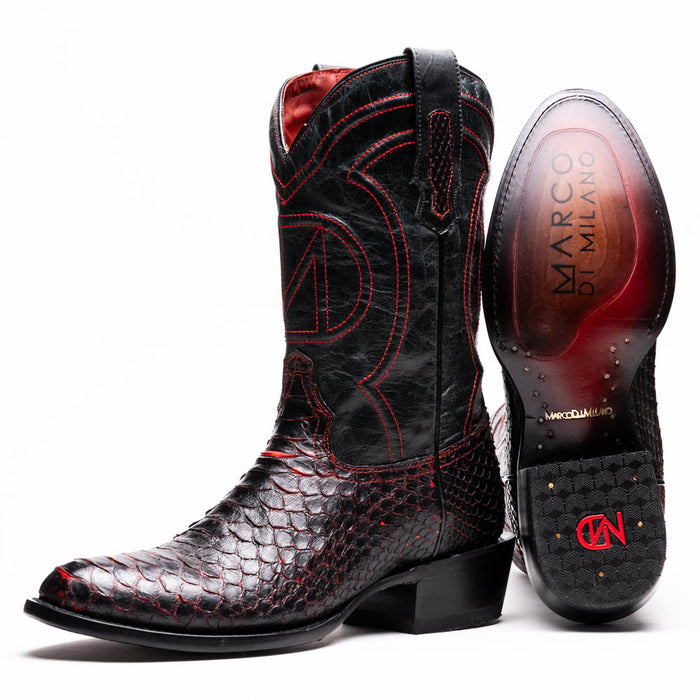 Marco Di Milano Kansas boots: black and dark red python skin. Tall shaft with decorative stitching. Round toe. Smooth sole with visible branding.
