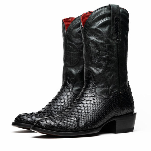 Marco Di Milano Kansas cowboy boots: Black, round toe, mix of leather & python. Black color with textured python pattern. Decorative stitching and pull tab. Flat, stable soles.
