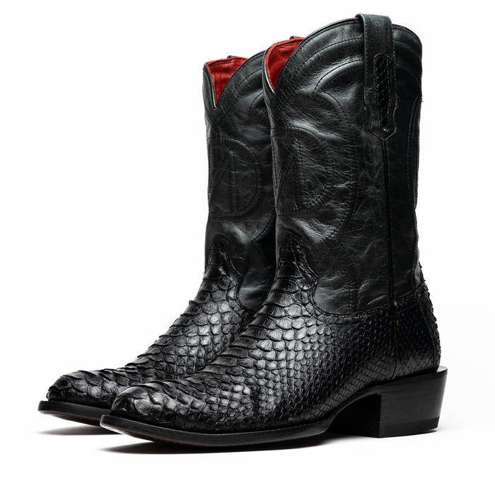 Marco Di Milano Kansas cowboy boots: Black, round toe, mix of leather & python. Black color with textured python pattern. Decorative stitching and pull tab. Flat, stable soles.

