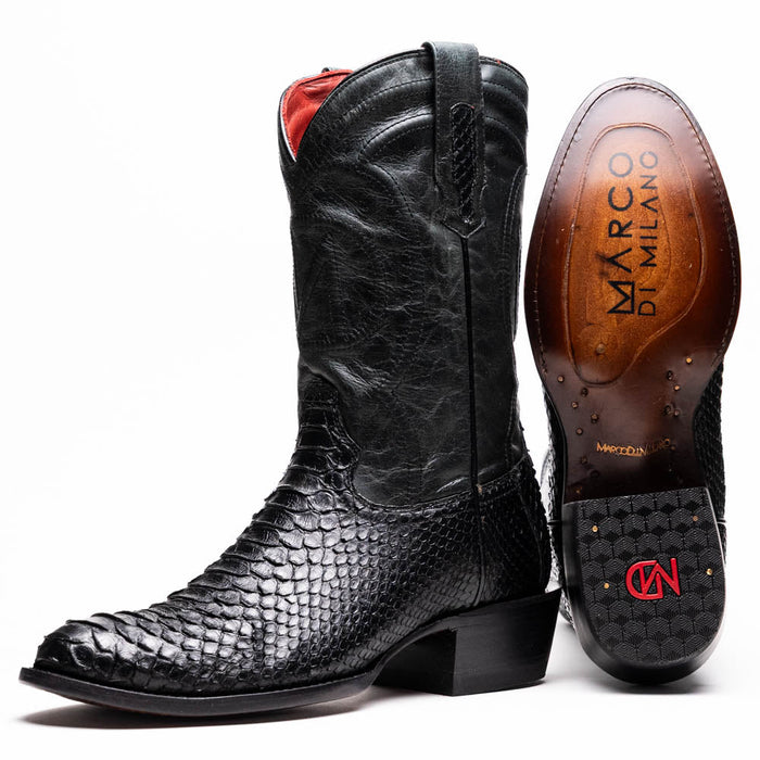 Black python cowboy boots by Marco Di Milano. Round toe, red interior, smooth leather sole. Textured black python upper, stacked heel, tonal stitching.

