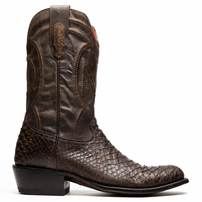 Marco Di Milano Kansas cowboy boots. Brown python skin, embossed design. Tall shaft, contrasting stitching. Round toe, block heel for elevation.
