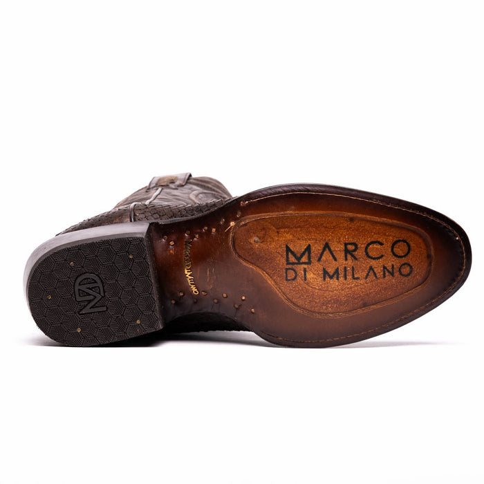 Brown python cowboy boots by Marco Di Milano. Round toe, textured dark brown python skin upper. Honeycomb sole pattern. Branded insole. Slightly raised heel, Western style.
