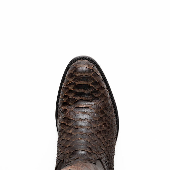 Marco Di Milano Kansas brown python cowboy boots. Round toe, smooth brown python upper with scales. Glossy finish. Sleek silhouette, contrasting black sole.
