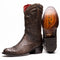 Brown python cowboy boots by Marco Di Milano. Round toe, stitched shaft, and leather outsole. Red fabric lining.
