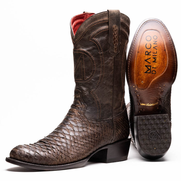 Brown python cowboy boots by Marco Di Milano. Round toe, stitched shaft, and leather outsole. Red fabric lining.
