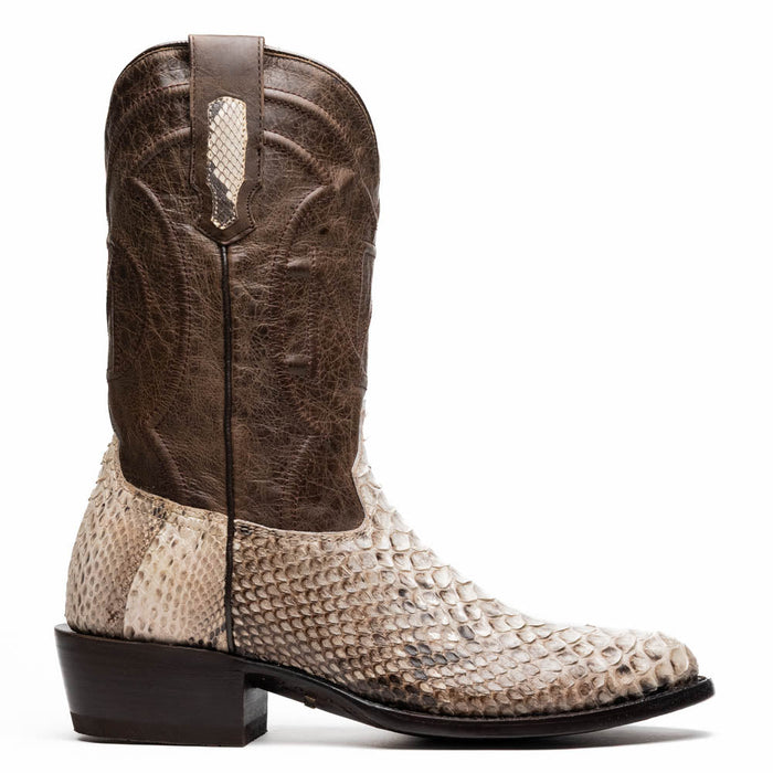 Marco Di Milano Kansas cowboy boots: Round toe, dark brown leather upper with stitching. Natural python skin lower section, scale pattern. Stacked heel, side pull tabs.

