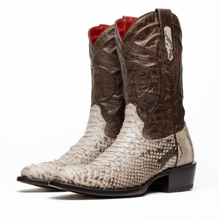 Marco Di Milano Kansas cowboy boots. Round toe, calf-high. Light python upper, dark leather shaft, red interior. Black sole/heel. Decorative stitching.
