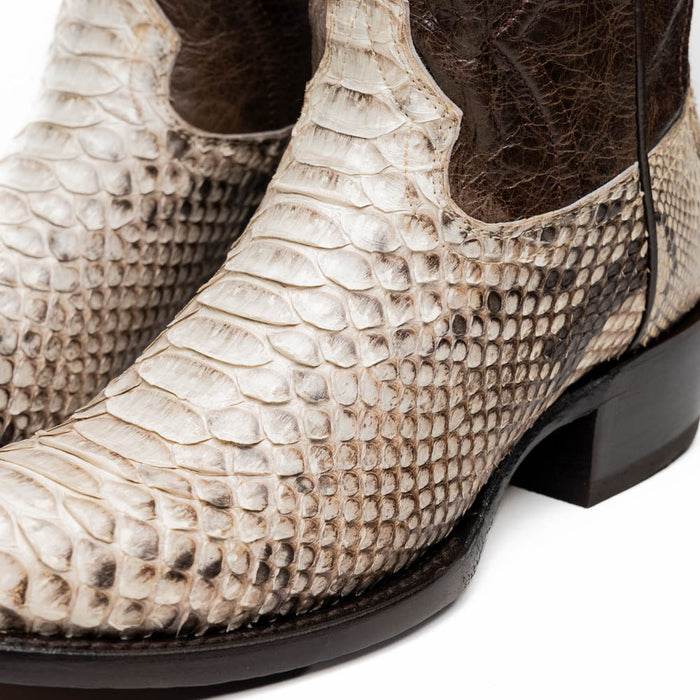 Marco Di Milano Kansas Natural Python Cowboy Boots. Round toe, natural python skin with light cream tones and brown accents. Brown leather upper, curved heel, and classic stitching.
