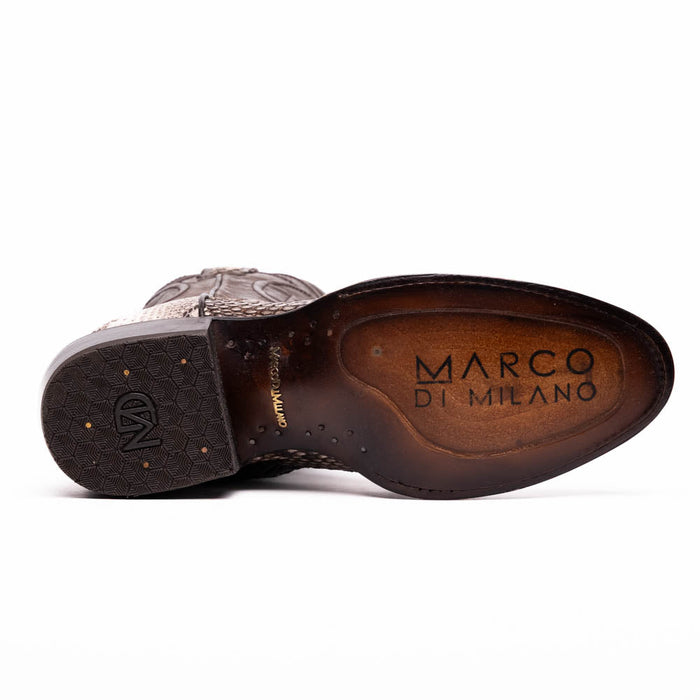 Marco Di Milano Kansas Natural Python cowboy boots. Round toe, natural python skin. Dark brown leather sole with textured pattern and logo. Low, angled heel.
