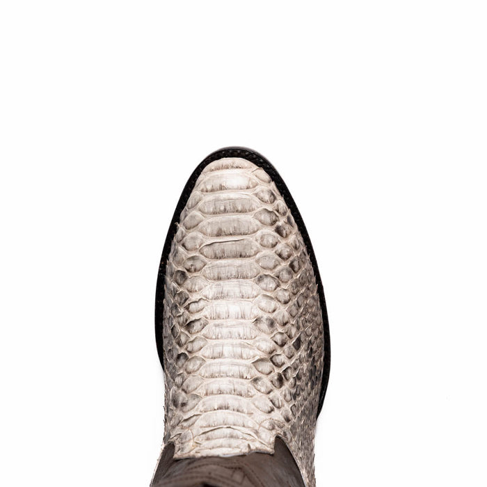 Marco Di Milano Kansas cowboy boots. Natural python skin upper with round toe. Light-colored python pattern meets a darker leather lower. Contrasting stitching enhances structure.
