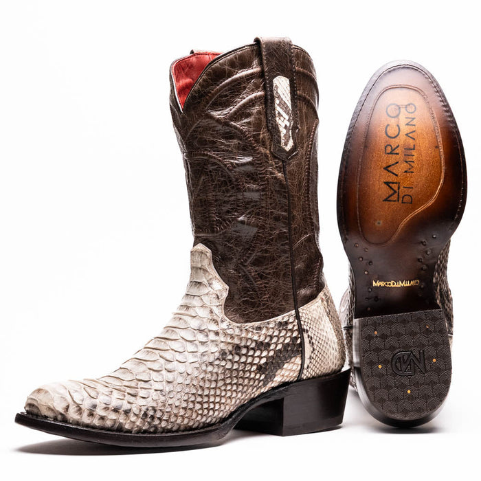 Marco Di Milano Kansas cowboy boots: round toe, dark brown shaft, white python foot. Red lining, branded sole with rubber traction. Slightly elevated heel, decorative stitching.
