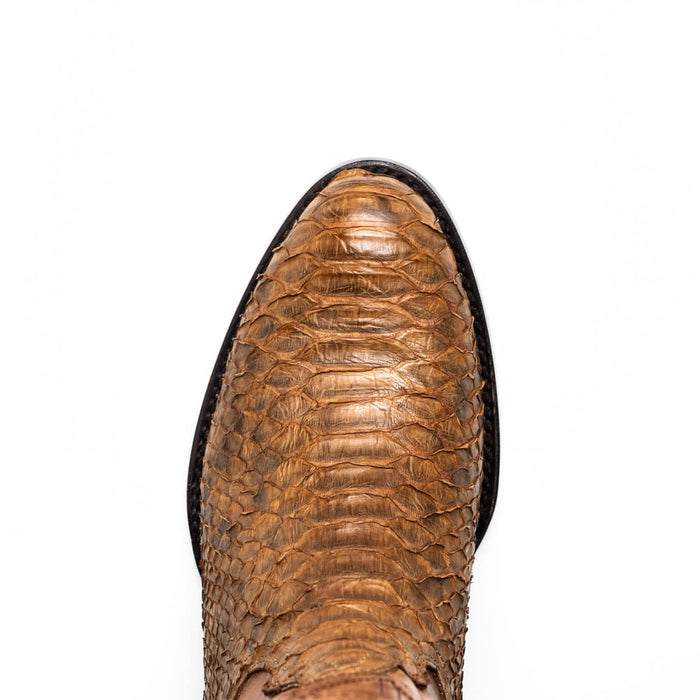 Marco Di Milano Kansas Cognac cowboy boots. Light brown, reptile-skin-like textured upper. Round toe. Dark sole for contrast.

