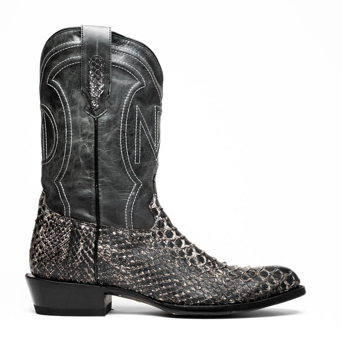 Marco Di Milano Kansas Stone White cowboy boots: Tall black leather shaft with white embroidery. Gray/silver snake-skin lower. Rounded toe, stacked heel. Traditional cowboy boot style.
