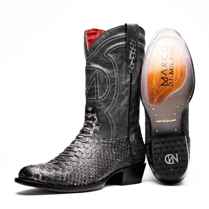 Marco Di Milano Kansas Lisba cowboy boots: round toe, tall dark leather shaft with contrasting stitching. Smooth black upper, textured lower. Pointed toe, stacked heel, red lining, branded flexible outsole.
