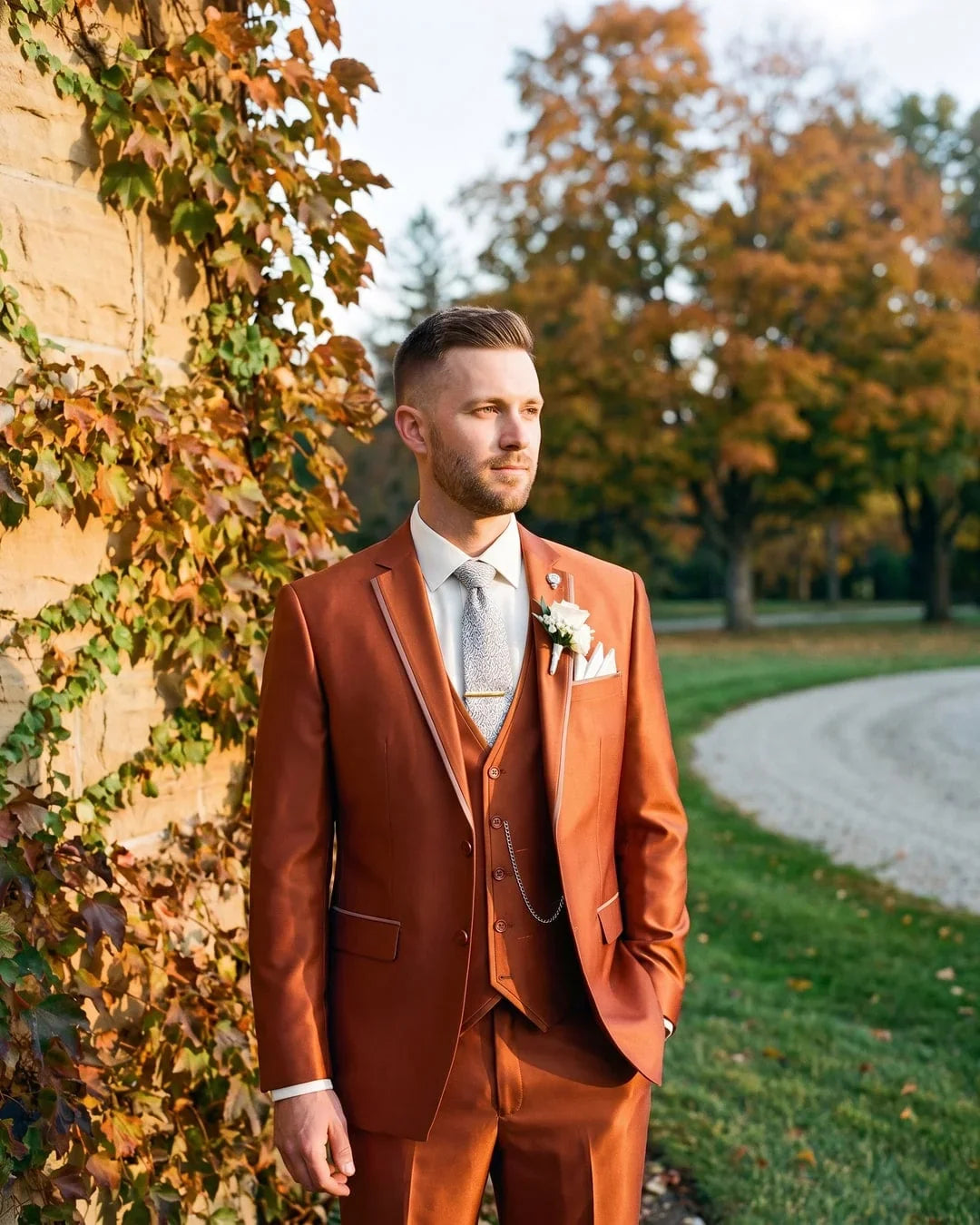 Men's Rust Solid Three Piece Suit