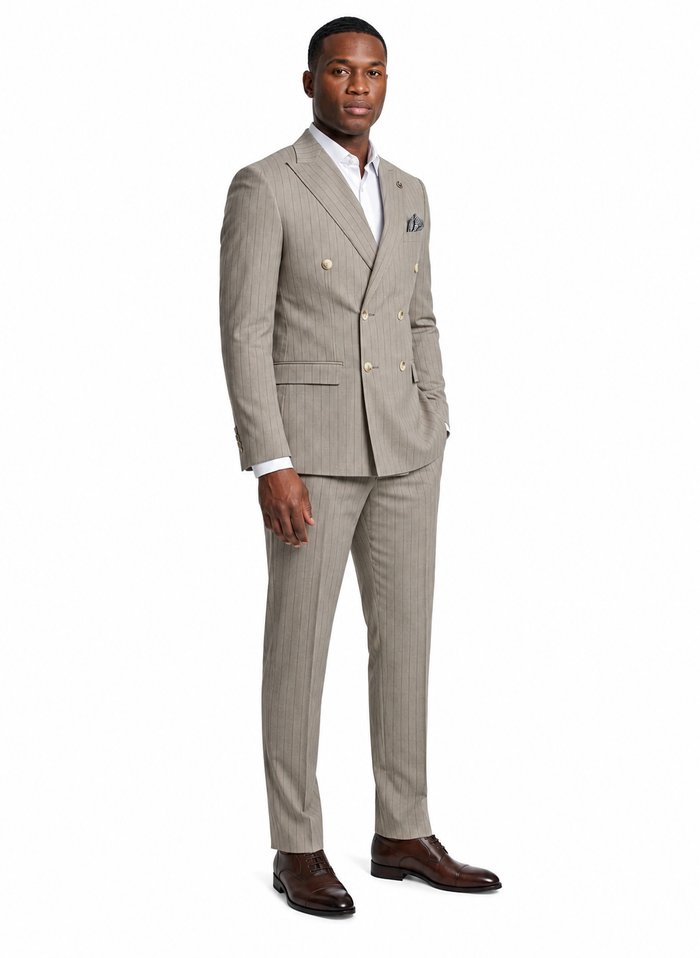 Khaki Pinstripe Double-Breasted Slim Fit 2-Piece Suit