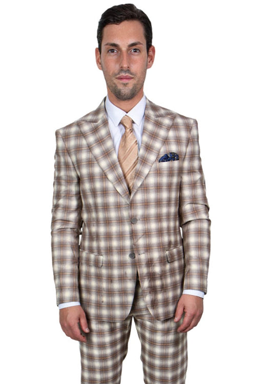 "Mens Stacy Adams Suit - Stacy Adams Suit Men's Bold Windowpane Plaid Vested Suit - Brown & Tan"