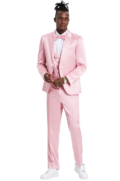 "Dusty Rose Men's Sharkskin Prom 2025 & Wedding Suit - One Button Vested Satin"