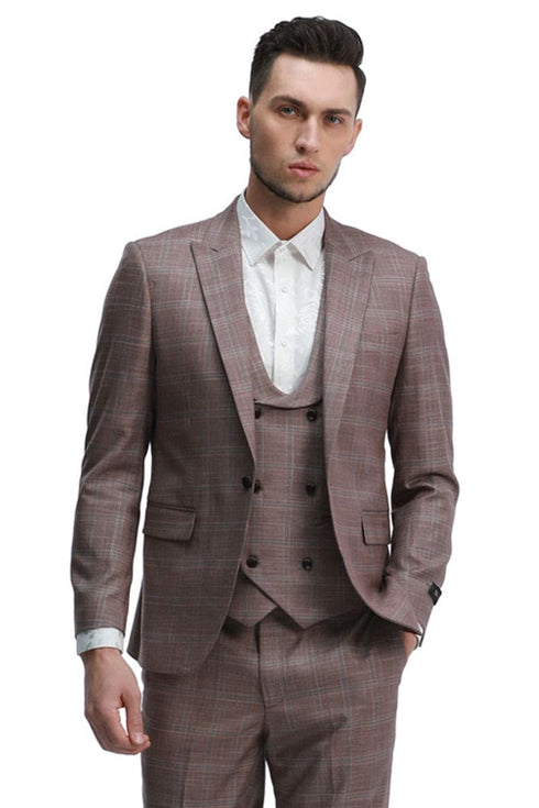 "Rose Pink Plaid Men's Slim Fit Double Breasted Vest Suit"