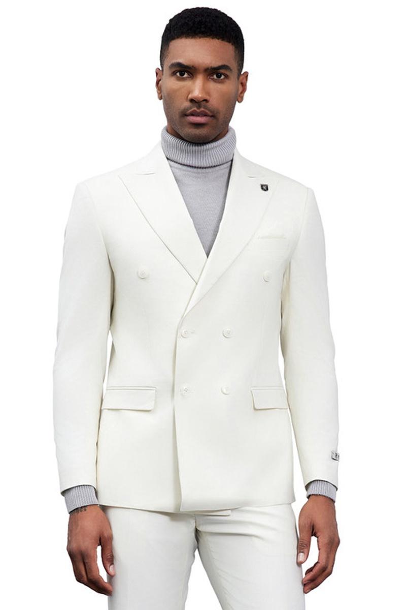 Stacy Adams ivory double-breasted suit: Tailored fit, structured shape, and a formal silhouette. Features smooth, high-quality material, peaked lapels, dual buttons, and matching trousers.
