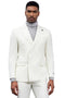 Stacy Adams ivory double-breasted suit: Tailored fit, structured shape, and a formal silhouette. Features smooth, high-quality material, peaked lapels, dual buttons, and matching trousers.
