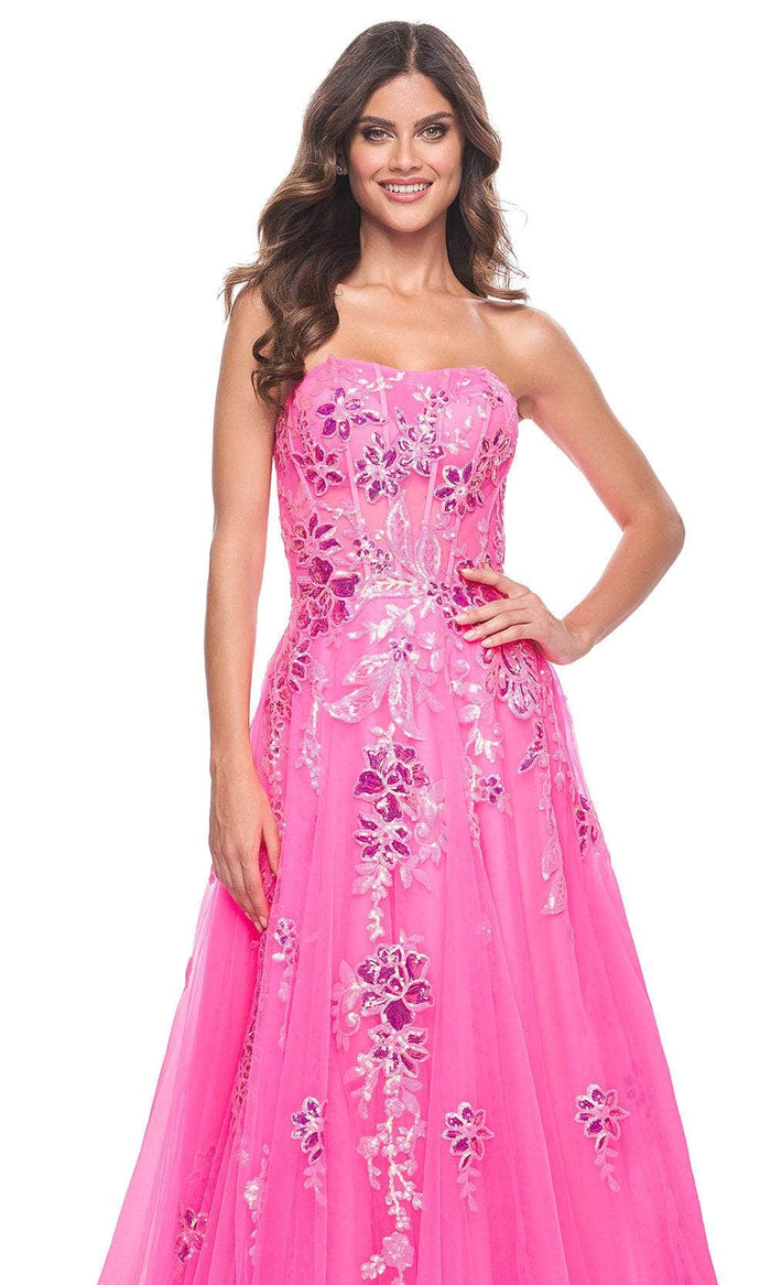 La Femme 32137 Strapless Sequin Floral Prom Gown