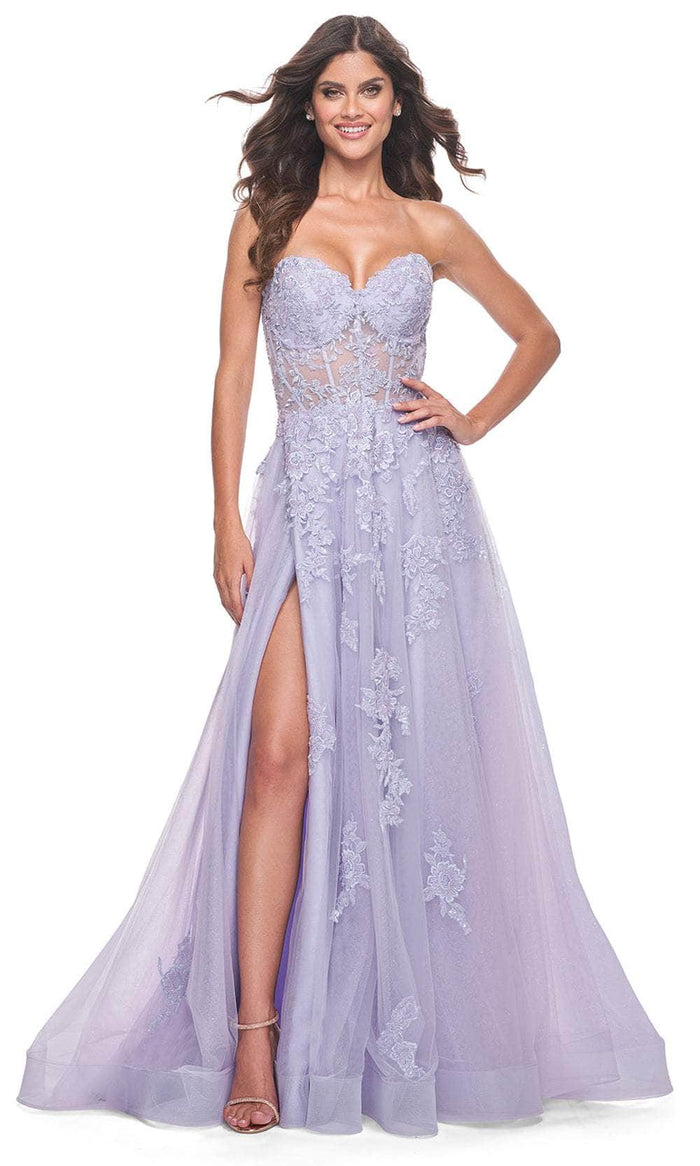 La Femme 32145 Sweetheart Appliqué A-line Prom Dress Slit Strapless Evening Gown