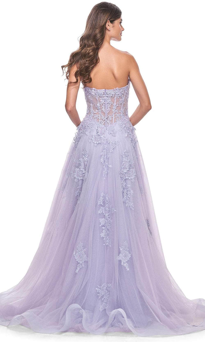 La Femme 32145 Sweetheart Appliqué A-line Prom Dress Slit Strapless Evening Gown