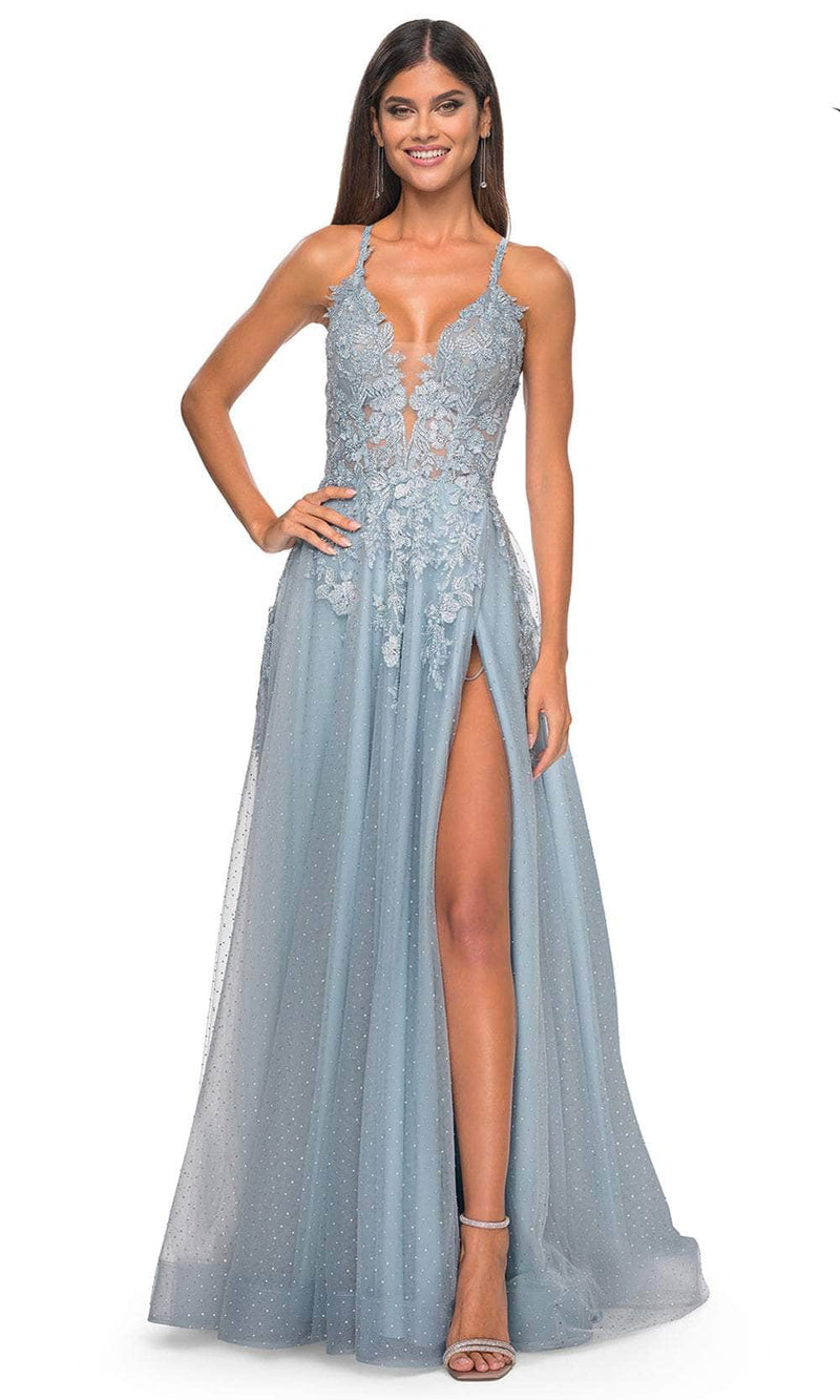 La Femme 32147 Lace Applique Prom Dress with Slit