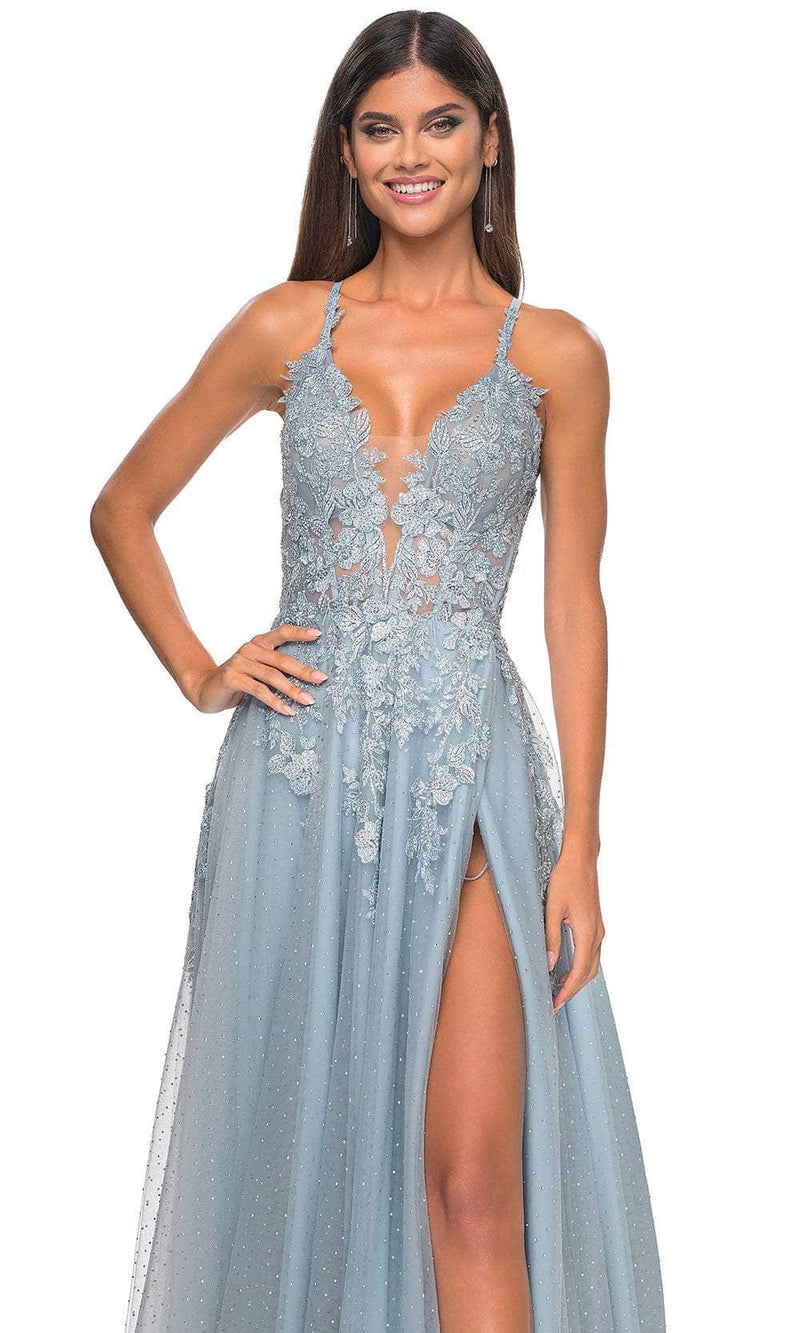 La Femme 32147 Lace Applique Prom Dress with Slit