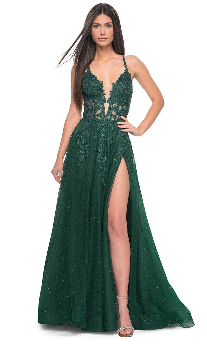 La Femme 32147 Lace Applique Prom Dress with Slit