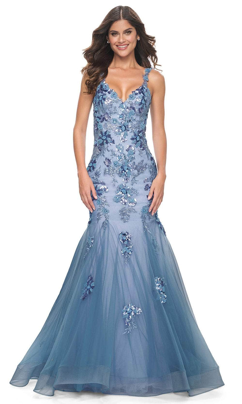 La Femme 32192 Floral Applique Open Back Prom Gown